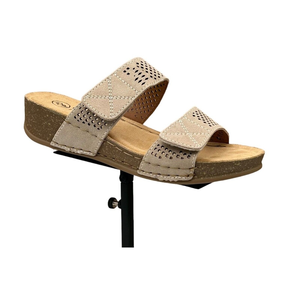 White Mountain Women's Wedge Leather Sandals Size 7.5 Taupe Adjustable Straps